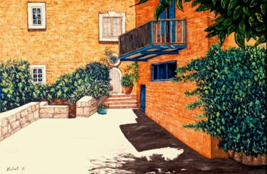 Painting titled "rue de Jaffa" by Michael Le Lann, Original Artwork, Oil Mounted on Wood Stretcher frame