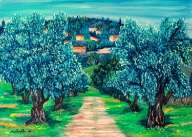 Pintura titulada "les oliviers au mon…" por Michael Le Lann, Obra de arte original, Oleo Montado en Bastidor de camilla de m…