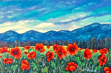 Painting titled "les coquelicots" by Michael Le Lann, Original Artwork, Oil Mounted on Wood Stretcher frame