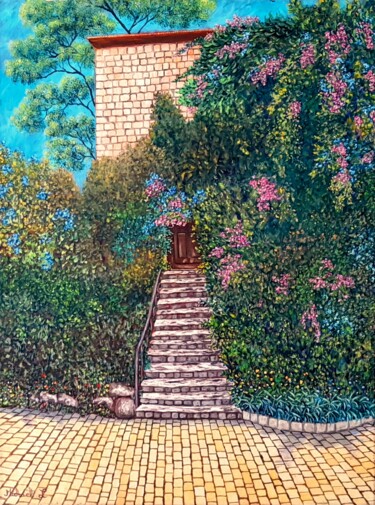 Pintura titulada "la maison à Rosh Pi…" por Michael Le Lann, Obra de arte original, Oleo Montado en Bastidor de camilla de m…