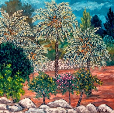 Malerei mit dem Titel "les palmiers, parc…" von Michael Le Lann, Original-Kunstwerk, Öl Auf Keilrahmen aus Holz montiert