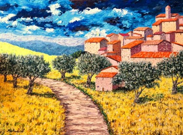 Painting titled "village en Provence" by Michael Le Lann, Original Artwork, Oil Mounted on Wood Stretcher frame