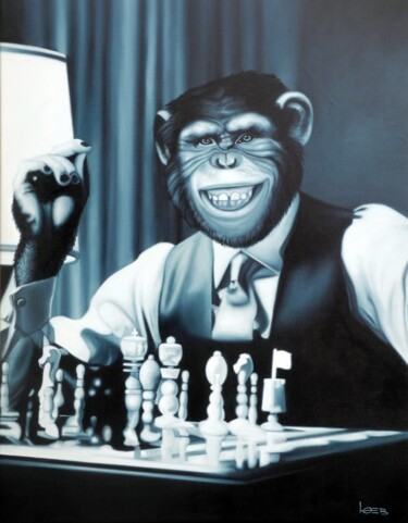 Painting titled "Wanna play chess?" by Michael Loeb, Original Artwork, Oil Mounted on Wood Stretcher frame