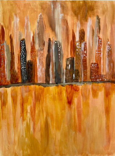 Painting titled "Golden Cityscape" by Michael Münzel, Original Artwork, Acrylic