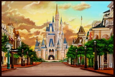 Ζωγραφική με τίτλο "Disney Castle" από Michael Neamand, Αυθεντικά έργα τέχνης, Ακρυλικό Τοποθετήθηκε στο Ξύλινο φορείο σκελε…