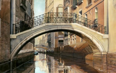 Painting titled "Venice Bridge" by Michael Neamand, Original Artwork, Acrylic Mounted on Wood Stretcher frame