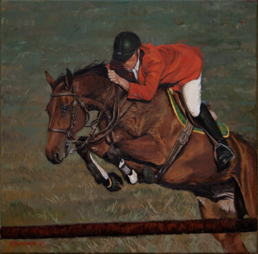 Ζωγραφική με τίτλο "Horse jump" από Michael Nowakowski, Αυθεντικά έργα τέχνης, Λάδι Τοποθετήθηκε στο Ξύλινο φορείο σκελετό