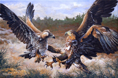 Painting titled "Young eagels" by Michael Nowakowski, Original Artwork, Oil Mounted on Wood Stretcher frame