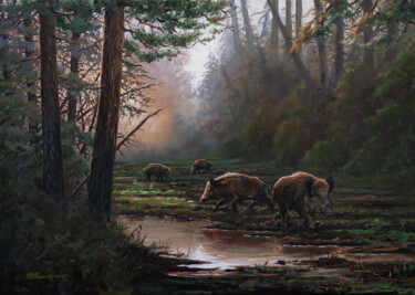 Malarstwo zatytułowany „Forest waterhole” autorstwa Michael Nowakowski, Oryginalna praca, Olej Zamontowany na Drewniana rama…