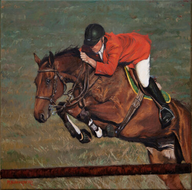 Painting titled "Horse jump" by Michael Nowakowski, Original Artwork, Oil Mounted on Wood Stretcher frame