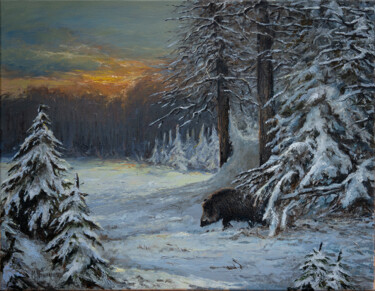 Pittura intitolato "December sunset" da Michael Nowakowski, Opera d'arte originale, Olio Montato su Telaio per barella in le…