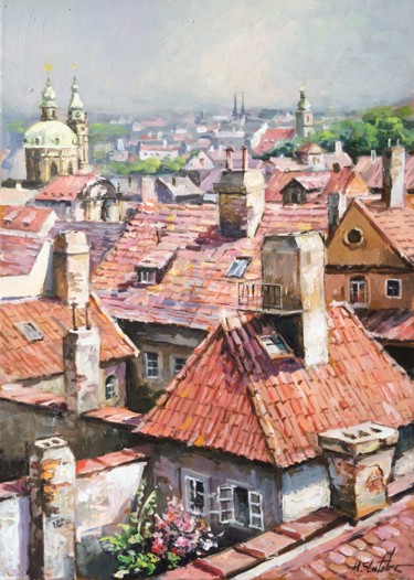 Painting titled "Lesser Town Roofs i…" by Michael Slutsker, Original Artwork, Oil