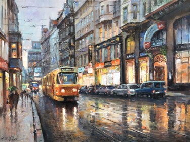 Painting titled "Vodickova street. P…" by Michael Slutsker, Original Artwork, Oil