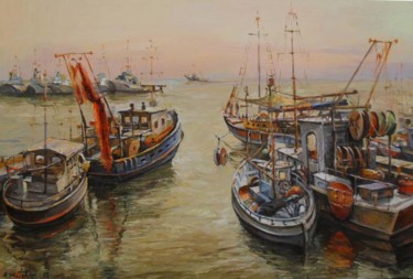 Painting titled "Fishing Boats" by Michael Slutsker, Original Artwork