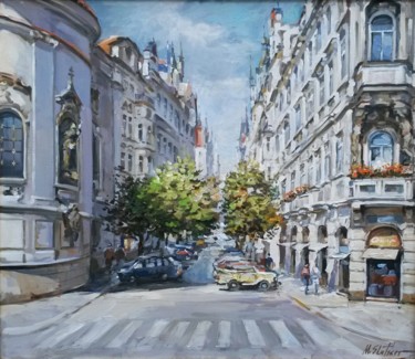 Peinture intitulée "Parizska street in…" par Michael Slutsker, Œuvre d'art originale, Huile