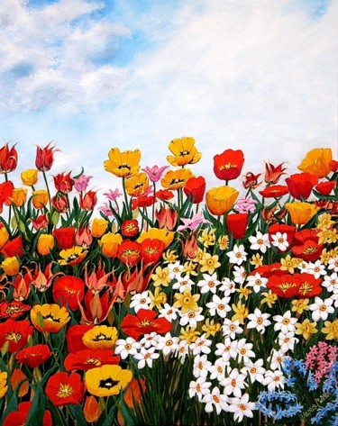 Schilderij getiteld "Tulips / Tulipes" door M Petranova, Origineel Kunstwerk, Olie