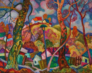 Painting titled "Деревья на фоне хол…" by Michail Tschernjavski, Original Artwork, Oil
