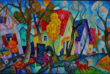 Painting titled "Улица в деревне" by Michail Tschernjavski, Original Artwork, Oil