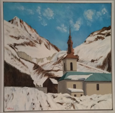 Painting titled "Eglise d'Argentière…" by Hervé Michal (Harvey.m), Original Artwork, Acrylic Mounted on Wood Stretcher frame