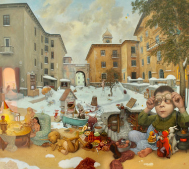 Painting titled "Рождественский прию…" by Mikhail Lobyrev (Micha Lobi), Original Artwork, Oil