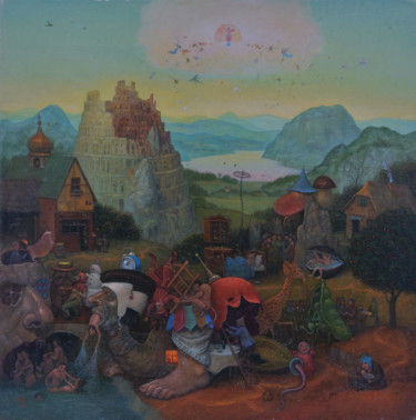 Painting titled "Вавилонская башня (…" by Mikhail Lobyrev (Micha Lobi), Original Artwork, Oil