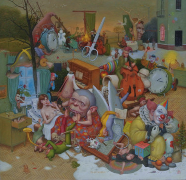 Картина под названием "Ножницы и часы (Sci…" - Михаил Лобырев (Micha Lobi), Подлинное произведение искусства, Масло