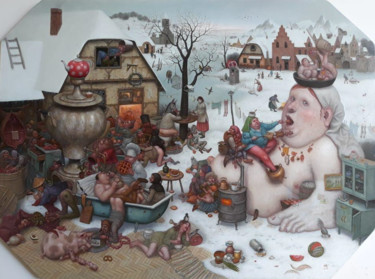 Pittura intitolato "Едящие №2 (Eating №…" da Mikhail Lobyrev (Micha Lobi), Opera d'arte originale, Olio