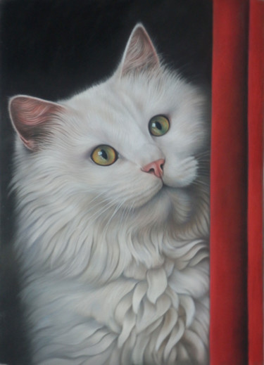 Peinture intitulée "Mica, le Chat blanc" par Christian Michaut, Œuvre d'art originale
