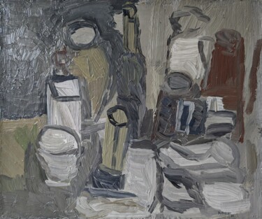 Painting titled "Nature morte grise" by Michel Aubert, Original Artwork, Oil Mounted on Wood Stretcher frame