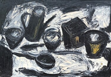 제목이 "Cafetière et bols"인 미술작품 Michel Aubert로, 원작, 기름 목재 패널에 장착됨