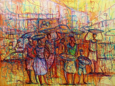 Картина под названием "Les petites vendeus…" - Michel Bertrand Atou Onana (Atouloo), Подлинное произведение искусства, Акрил