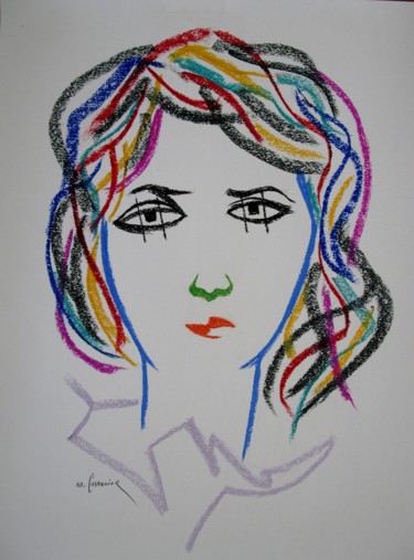 Disegno intitolato "Portrait féminin" da Michel Castanier, Opera d'arte originale, Pastello