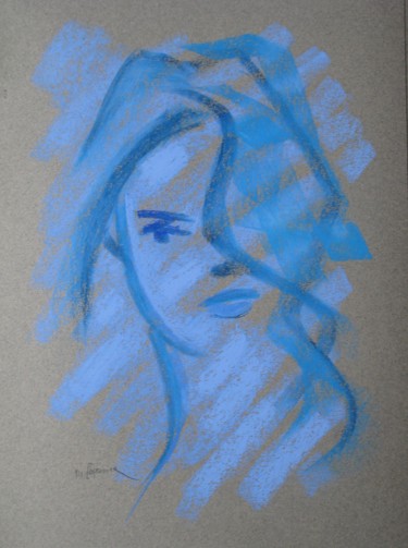 Zeichnungen mit dem Titel "Portrait bleu" von Michel Castanier, Original-Kunstwerk, Pastell