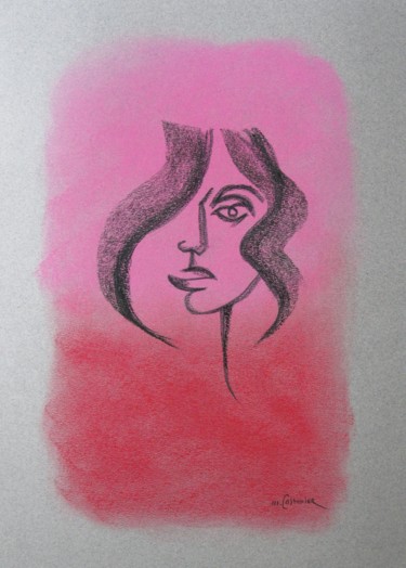 Drawing titled "Visage rose et rouge" by Michel Castanier, Original Artwork, Pastel