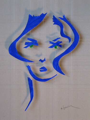 Collages intitulée "Visage bleu" par Michel Castanier, Œuvre d'art originale, Acrylique Monté sur Carton