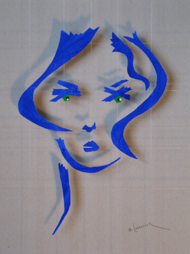 Collages titled "Visage bleu" by Michel Castanier, Original Artwork, Acrylic Mounted on Cardboard