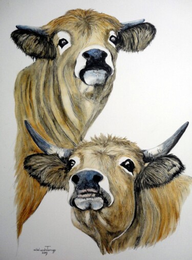 Painting titled "DUO  EN  AUBRAC" by Michel Cendra-Terrassa, Original Artwork, Watercolor