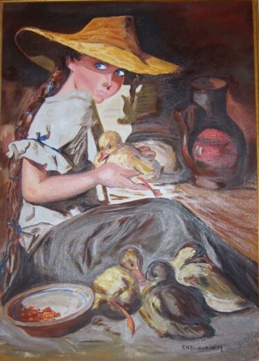 Peinture intitulée "La fille aux canards" par Michel Chagourin, Œuvre d'art originale