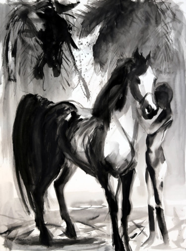 Painting titled "Peinture de cheval…" by Michel Charrier, Original Artwork, Tempera