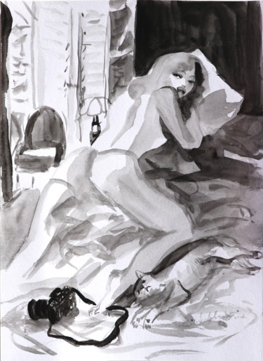 Painting titled "La modèle nue" by Michel Charrier, Original Artwork, Tempera