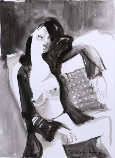 Painting titled "Jeune femme nue en…" by Michel Charrier, Original Artwork, Tempera