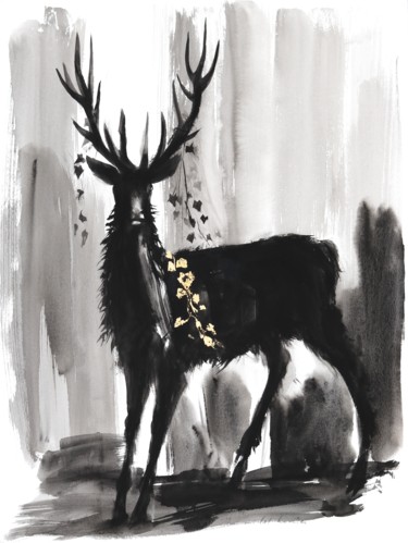 Painting titled "Cerf noir au lierre…" by Michel Charrier, Original Artwork, Tempera