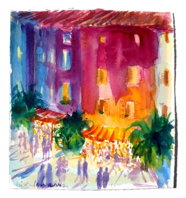 Un village de la Côte d'Azur, la nuit et ses promesses. Painting titled "Un village de la Cô…" by Michel Charrier, Original Art, Watercolor
