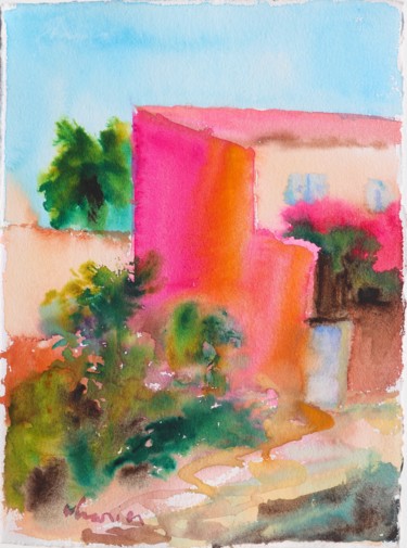 Schilderij getiteld "La maison ensoleill…" door Michel Charrier, Origineel Kunstwerk, Aquarel