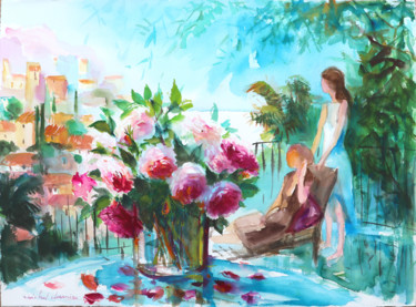 Evening watercolor of us and roses on the Mediterranean. Painting titled "Evening watercolor…" by Michel Charrier, Original Art, Watercolor