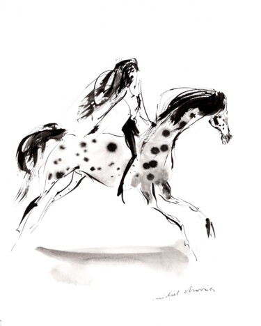La belle à l'Appaloosa, crinières au vent Dessin intitulée "La belle à l'Appalo…" par Michel Charrier, Œuvre d'art originale, Encre