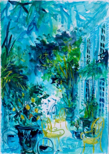 Pintura intitulada "Jardin sur la Côte…" por Michel Charrier, Obras de arte originais, Aquarela