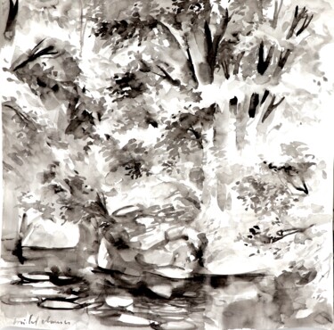 Peinture intitulée "L'eau, les arbres,…" par Michel Charrier, Œuvre d'art originale, Aquarelle