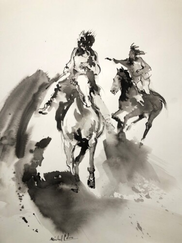 Drawing titled "les deux cavaliers" by Michel Colin, Original Artwork, Ink