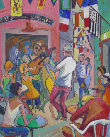 Schilderij getiteld "LA FETE AU VILLAGE" door Michel Corbel, Origineel Kunstwerk, Olie